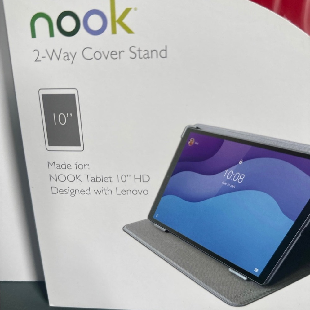 Red Nook tablet cover and charger.